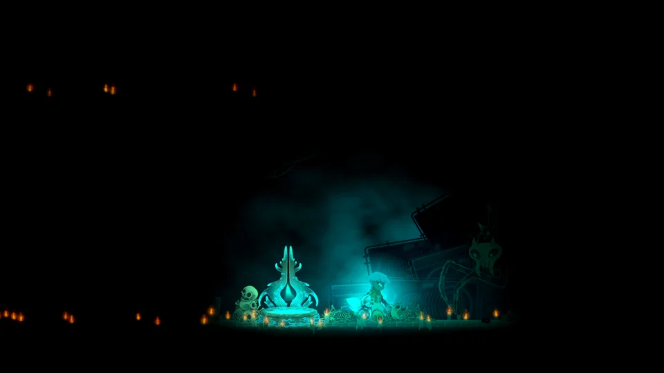 The Weaver beside a glowing turquoise structure in a dark chamber with small candles and skeletons